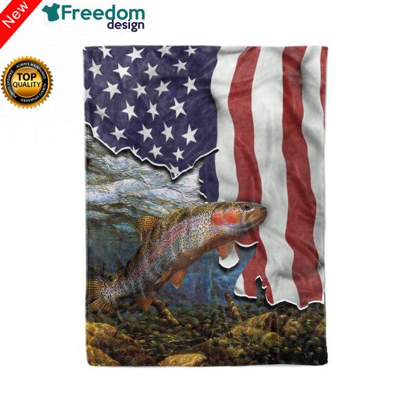 Rainbow Trout (Steelhead) Fishing D Flying American Flag Patriot Throw Fleece Blanket fishing gift for men, women and kid