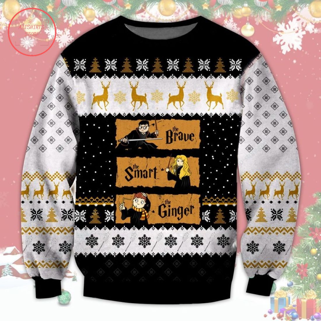 Harry Potter and Magical Friends Christmas Sweater in white and black, with Harry Potter and Friends printed in the center of the front.