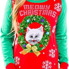 Tipsy Elves Funny Cat Ugly Christmas Sweater for Women and Crazy Cat Ladies - Funny Feline Holiday Pullovers - AOP Sweater - Red