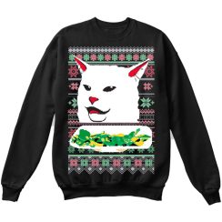 Woman Yelling at Cat Eating Lettuce MEME | Ugly Christmas Sweater - AOP Sweater - Black