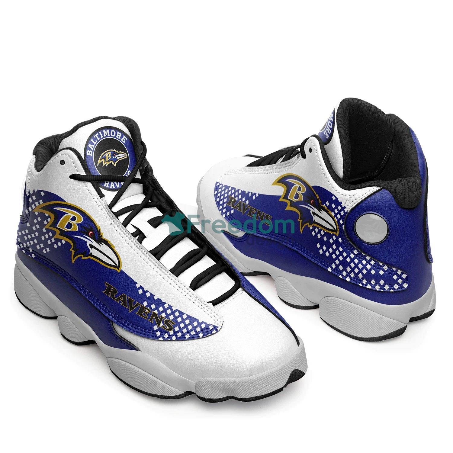 Baltimore Ravens Team White And Blue Air Jordan 13 Sneaker Shoes For Fans