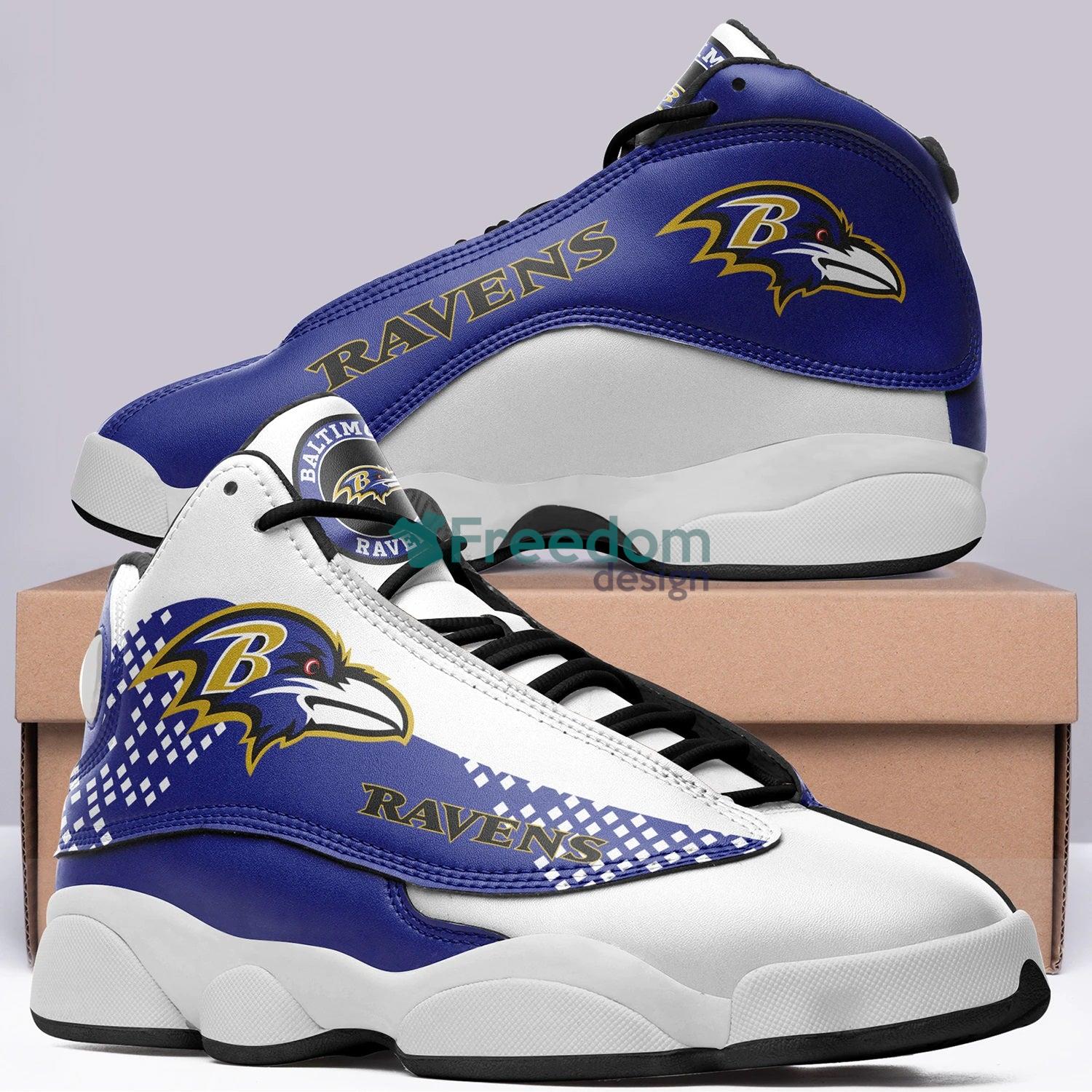 Baltimore Ravens Team White And Blue Air Jordan 13 Sneaker Shoes For Fans