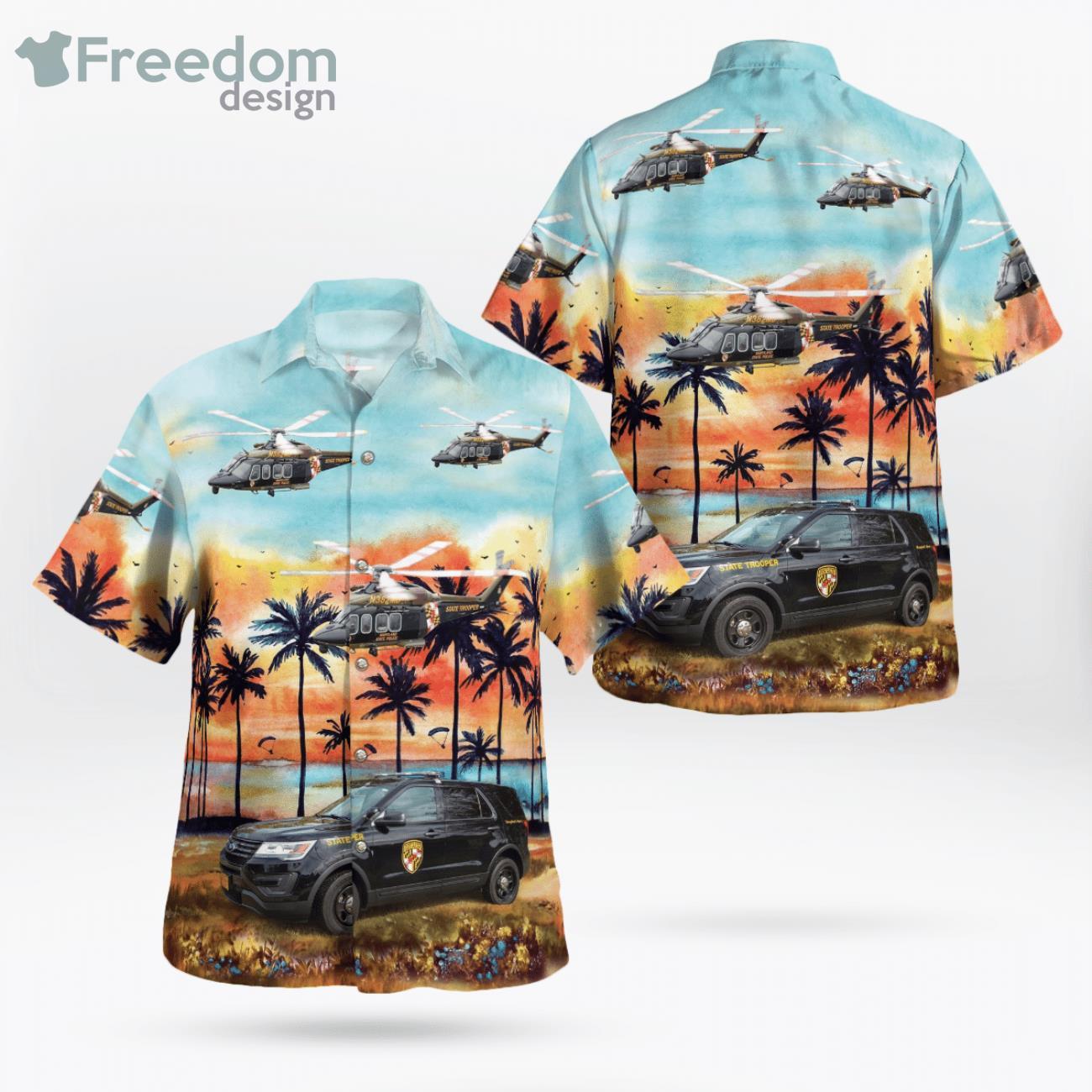 Maryland State Police Ford Utility Interceptor And Agustawestland Helicopter Hawaiian Shirt