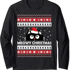 Meowy Cat Ugly Christmas Sweater Long Sleeve T-Shirt - AOP Sweater - Black