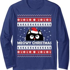 Meowy Cat Ugly Christmas Sweater Long Sleeve T-Shirt - AOP Sweater - Navy