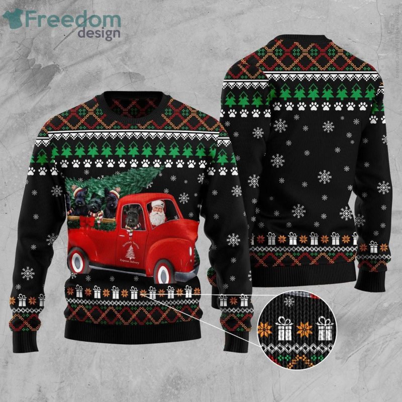 Christmas sweater with a print of Santa Claus and a red car
