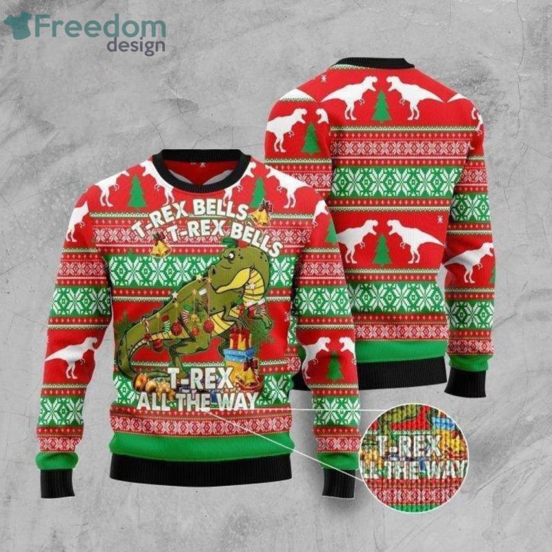 Ugly Christmas sweater with dinosaur print T rex all the way