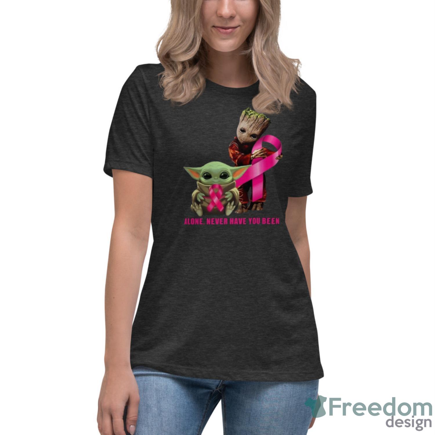 Baby Yoda And Groot Pocket Hug Pink Ribbon Never Have You Been Alone Shirt